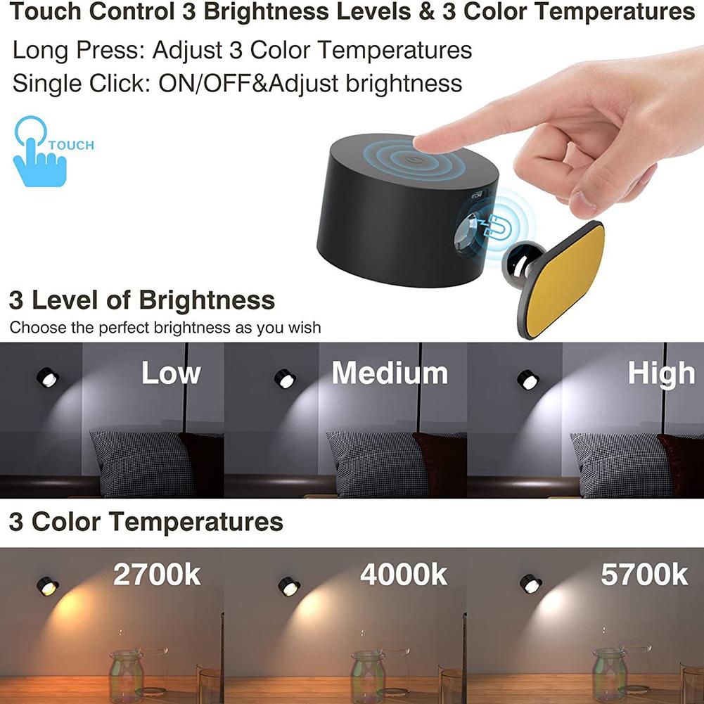 360° Magnetic Wall Lights Rotate LED Sconces USB Rechargeable Dimmable Touch Control Cordless Wall Mounted Reading Lamp
