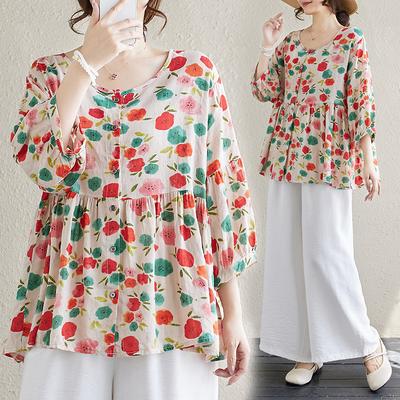 Plus Size New Summer Blouse Linen Fashion Shirt Women Short Sleeve Shirt Casual Floral Loose Tops Tees