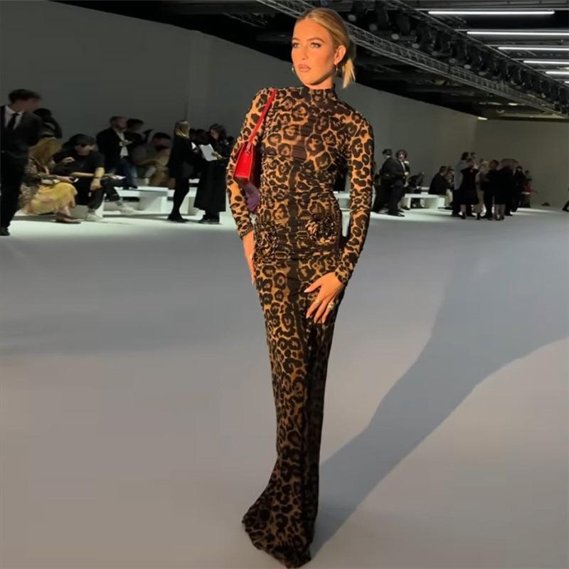 Sexy langermet perspektiv Leopard Stretch lang kjole for kvinner