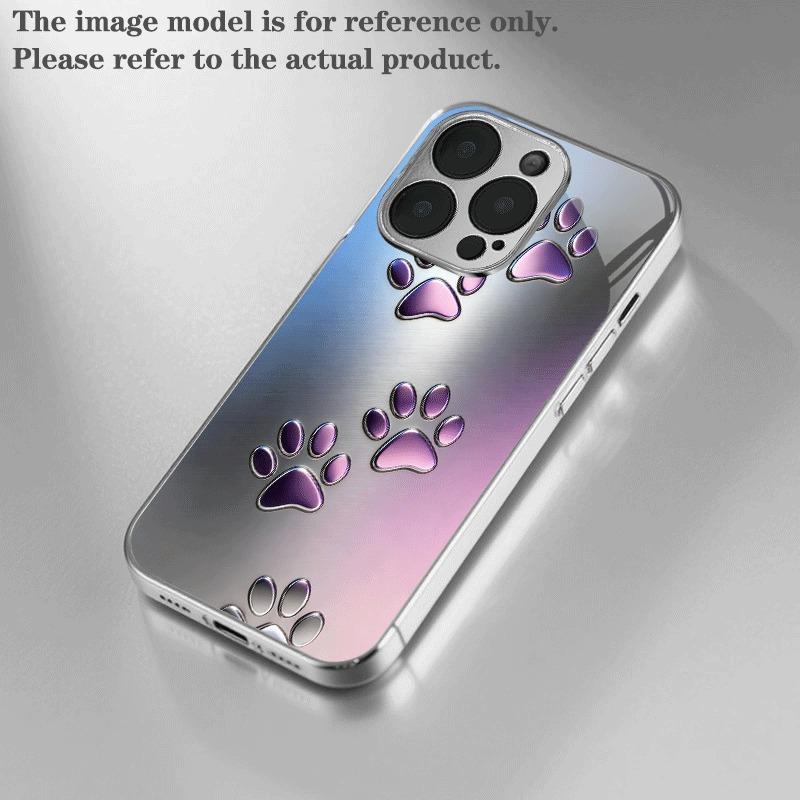 Purple Gradient Paw Pattern Glass Phone Case For iPhone 11 12 13 14 15 16 17 Pro Max 14 Plus 17 Air Electroplate Silver Cover