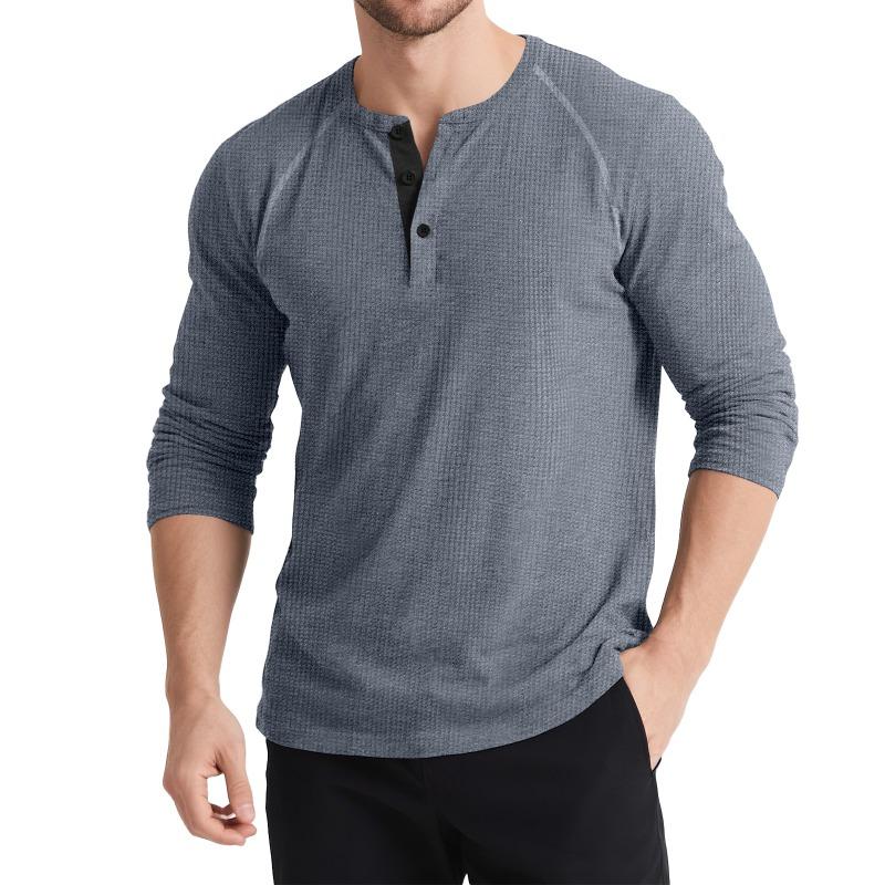Men's Autumn and Winter Long-sleeved Henley Shirt Retro T-shirt Three-button Color Matching Sweater