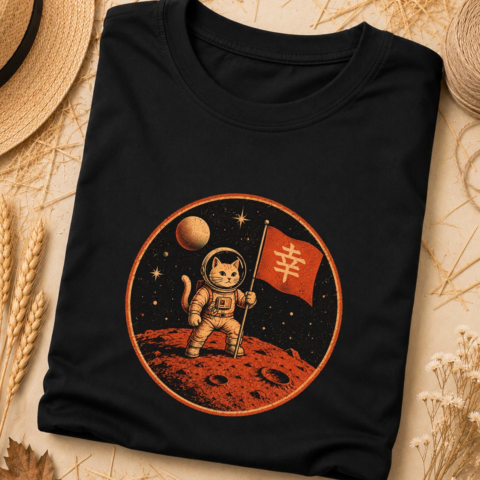 Japanese Space Cat Tshirt, Mid Century Sci-Fi Graphic Tee, Minimalist Retro Kanji Tee, Japanese Vintage Graphic Tee, Retro Kanji Cat Graphic XL