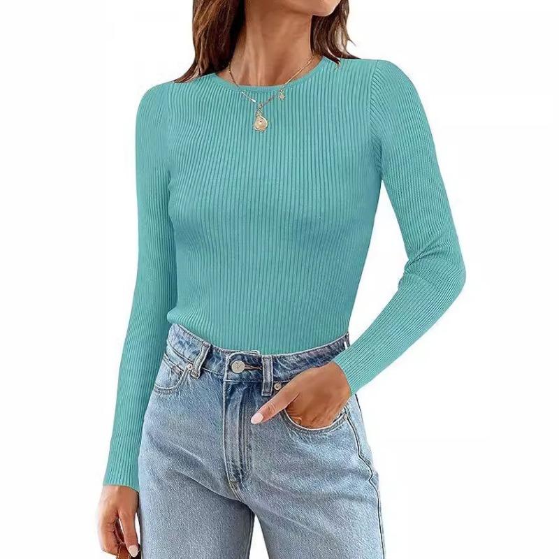 Autumn Winter Fashion Casual Round Neck Solid Color Long Sleeved Top for Women