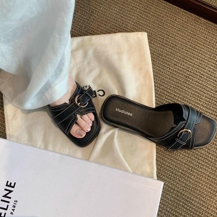 Grape mother same retro diagonal cut square head bright line belt buckle flat-bottomed slippers casual versatile low-heeled cool slippers women