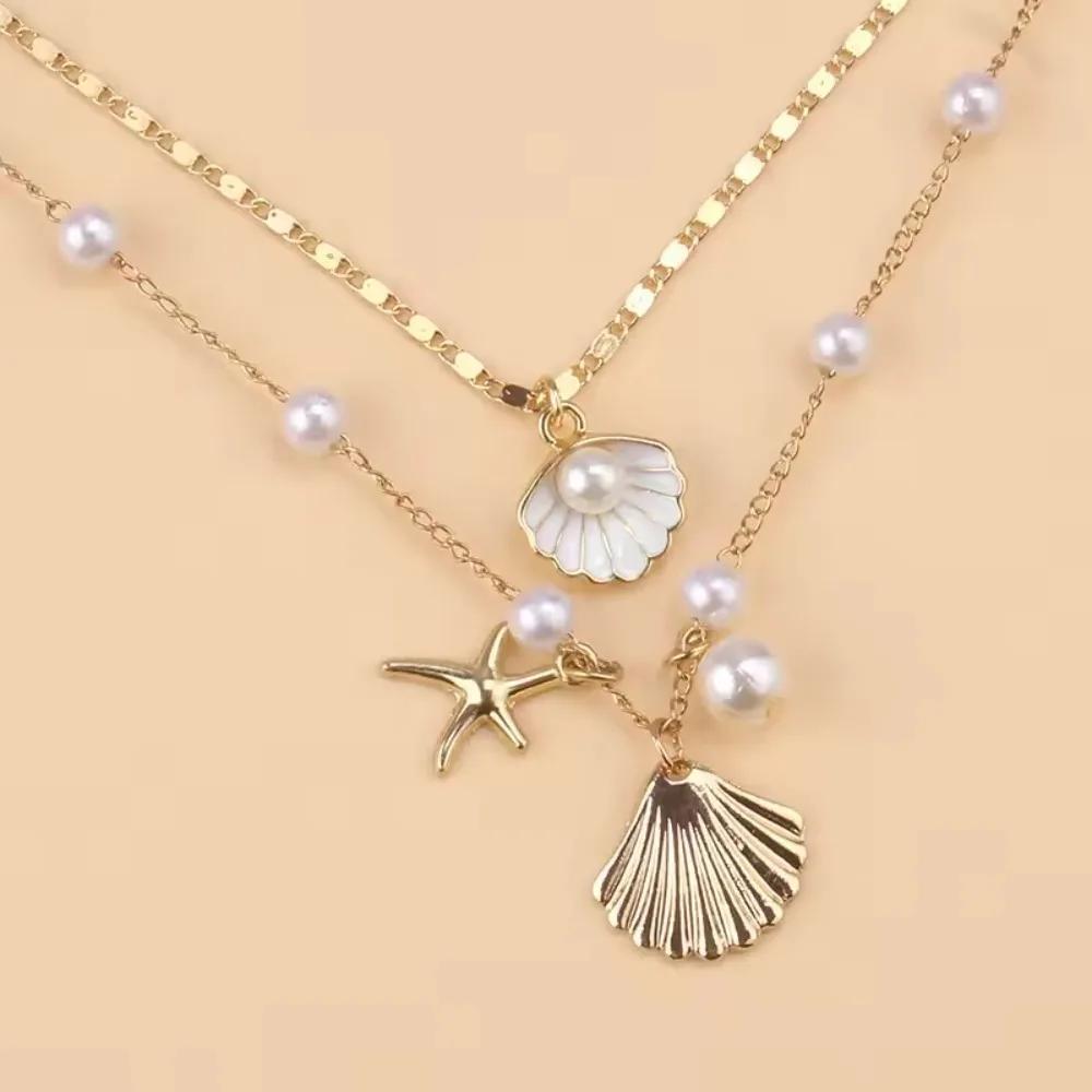 Women's Starfish Shell Imitation Pearl Necklaces Gold Pendant Necklace Copper Metal Beach Jewelr