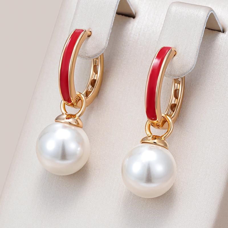 Red Enamel Drop Earrings For Women Unique Geometric  Rose Gold Color Pearl Accessories Daily Fine Jewelry Gift