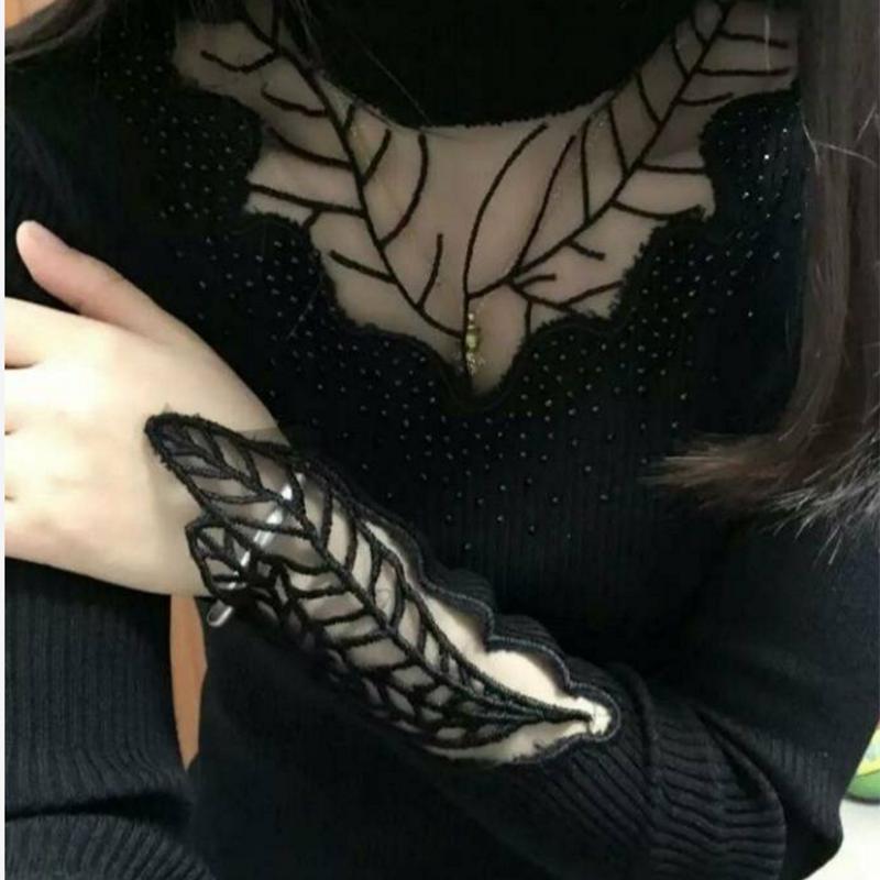 Pofulove Fashion Σέξι κεντημένο πουλόβερ με δαντέλα πουλόβερ πουκάμισο με κάτω μέρος Κοίλο πουλόβερ