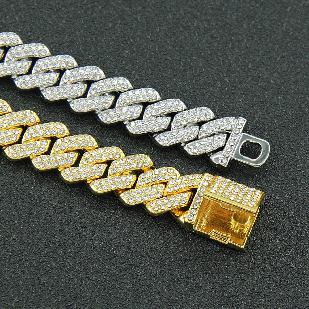 14mm Hip Hop Cuban Link Chain For Men Silver Color Iced Out Rhinestone Miami Necklace Choker for Women with Neck Chain Jewelry