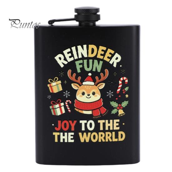 Festive Patterned Drinking Cup Beer Barrel Flask, 8oz Stainless Steel Oil Drum Shaped Flask with Small Gift for Christmas Prints Outdoor Camping Party