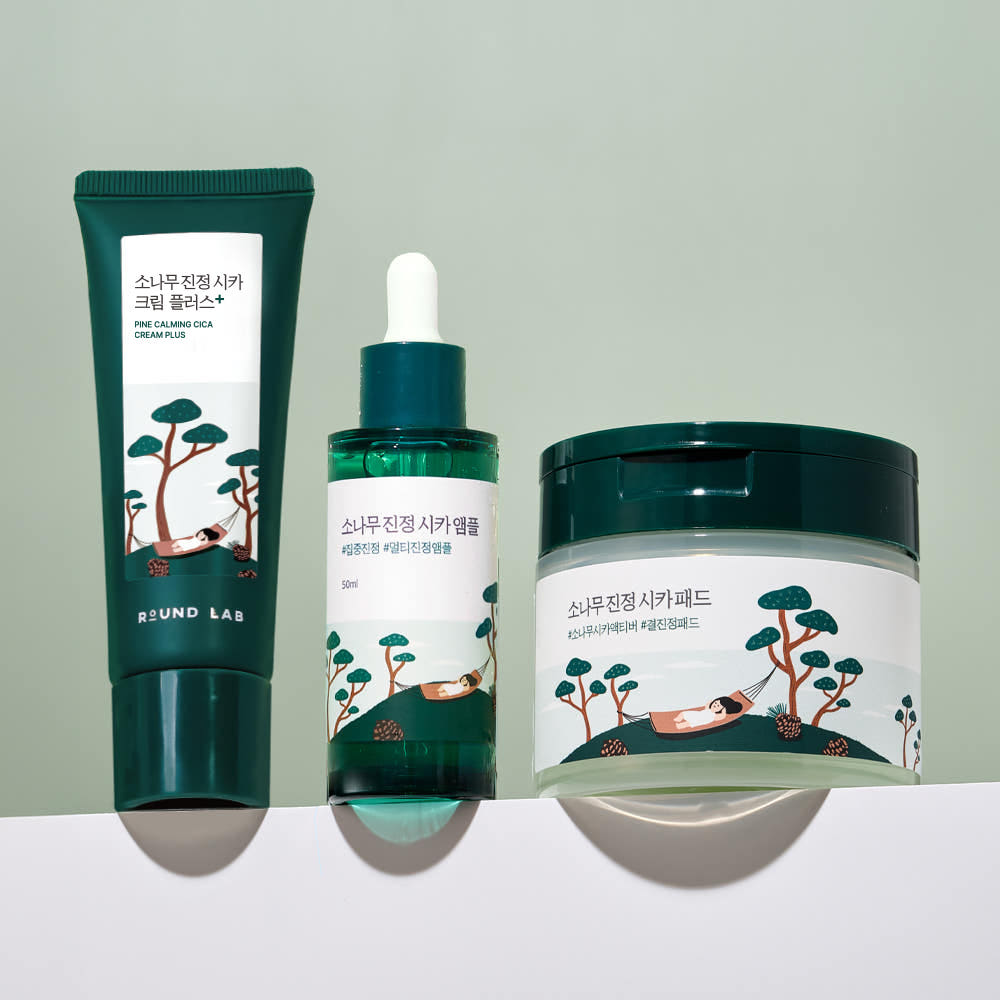 ROUND LAB Pine Calming Cica Skincare 3 Piece Set Cream Plus 60ml Ampoule 50ml Toner Pad 50 Pads Soothing Blemish Care