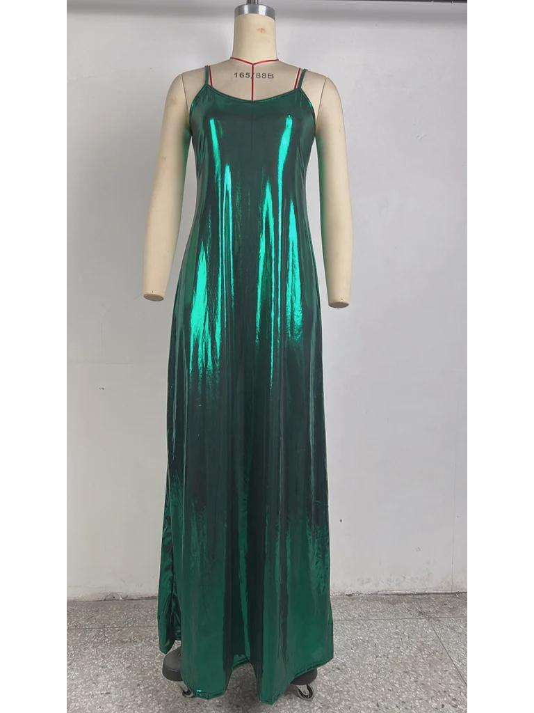 Rochie midi sexy metalizată de toamnă 2024, în linie A, cu bretele