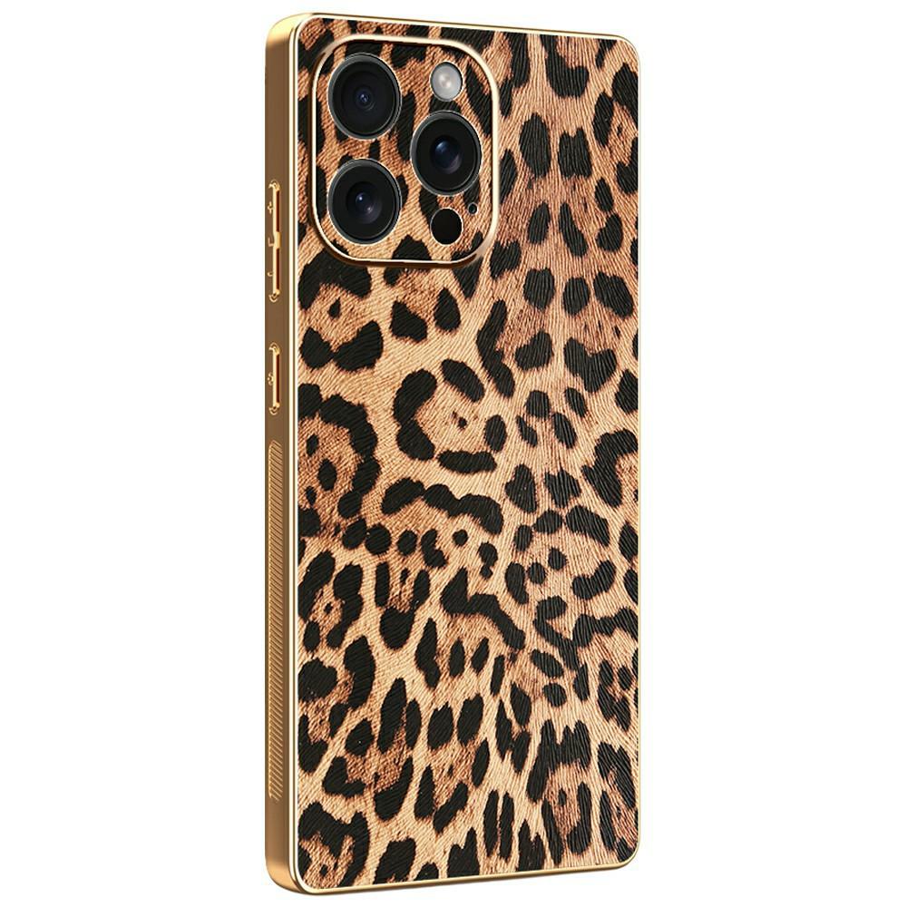 

For iPhone 15 Pro Max Case Leopard Print PU Leather Coated PC+TPU Electroplating Phone Cover A