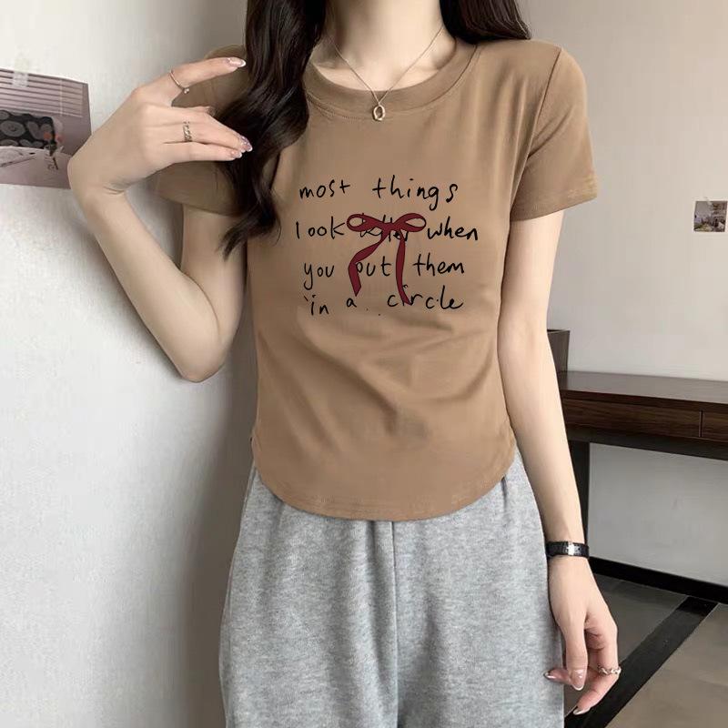 

Korean new letter bow contrasting color short-sleeved cotton T-shirt women s 2025 spring and summer shoulder versatile half-sleeved tee XXL