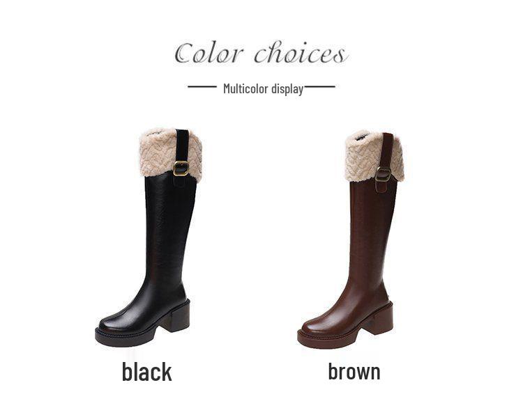 Women's Fleece-Lined Over-the-Knee Cotton Boots with Chunky High Heels and Furry Slimming High-Shaft Design
