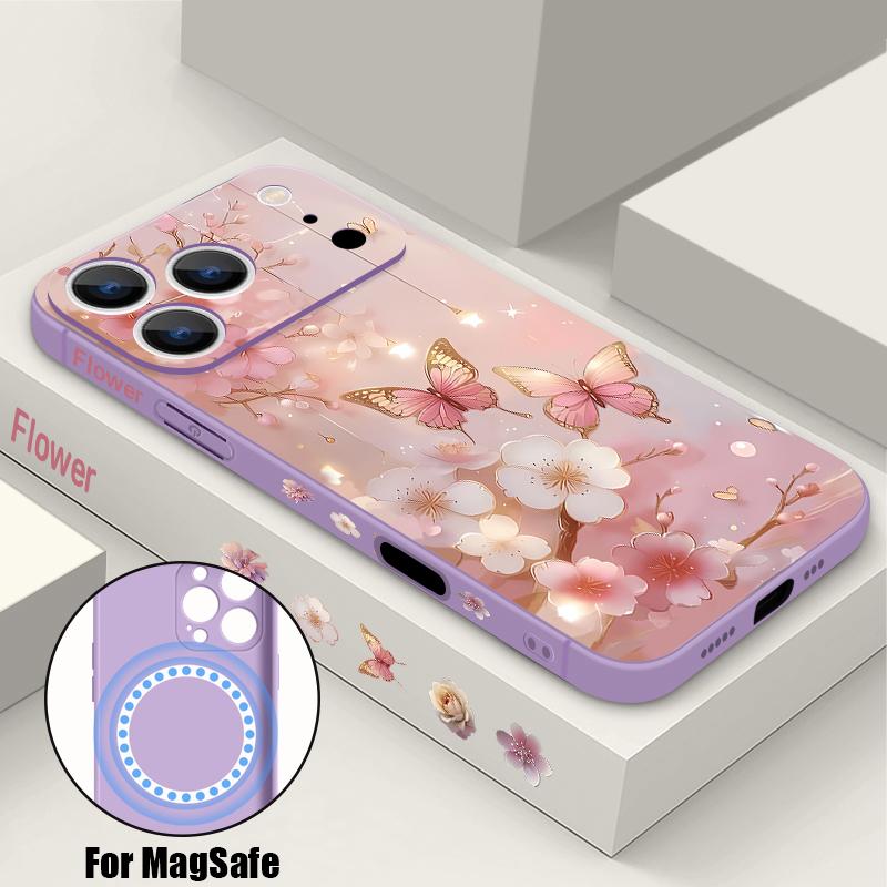 For iPhone 17 Pro Max Case Dream Butterfly Floral Pattern Magnetic For Magsafe Silicone Cover For iPhone 16 Pro Max Funda iPhone 15 14 13 12 11 16E