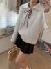 Retro Korean Lace-Up Polo Collar Women's Sweater - Autumn/Winter 2025 Collection