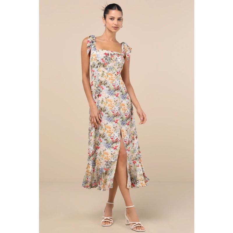 Women s Bow Tie Spaghetti Strap Square Neck Floral Print Midi Dress High Slit Fishtail Vacation Party Dress S