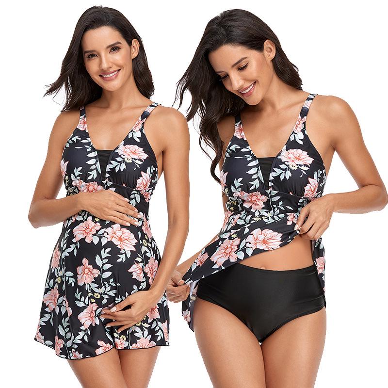 European & American Maternity Loose Split Skirt Bikini One-Piece Print Tankini Swimsuit.