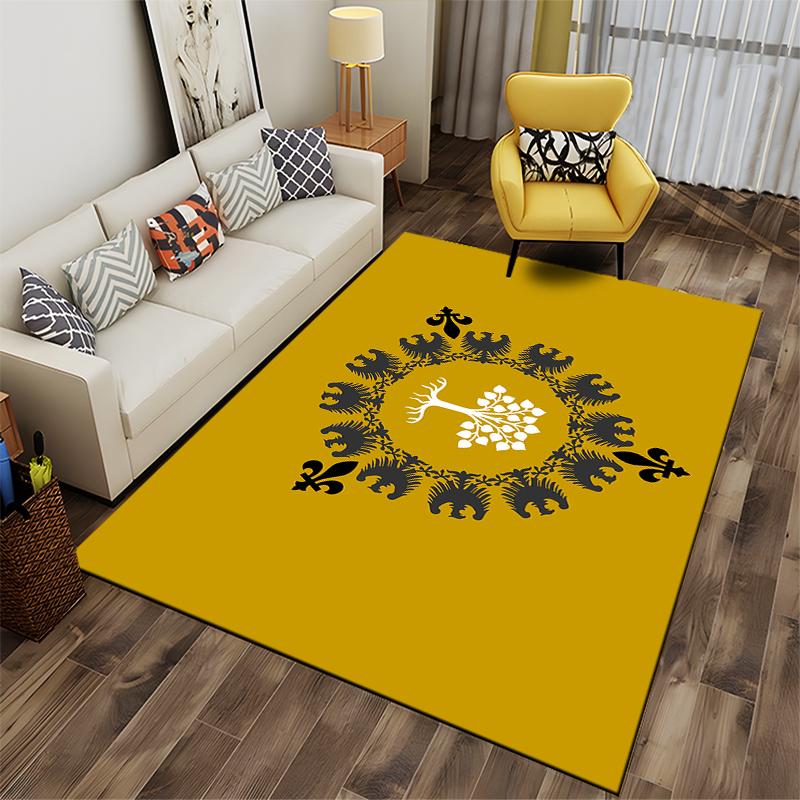 Tree and Crest Design on Gold Rug - Non-slip rug suitable for living room and bedroom sofas.