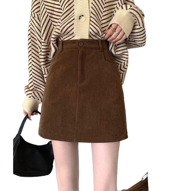 2024 Spring/Summer Retro Corduroy High-Waisted A-Line Midi Mini Hip Wrap Skirt for Women