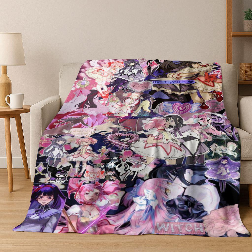 Cartoon Puella Magi Madoka Magica Girl Anime Art Flannel Blanket,Cozy Soft Throw Blanket for Home Bedroom Bed Sofa Cover Kids