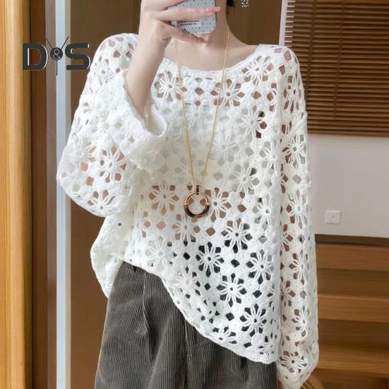 Women Pullover Cover Up Round Neck Long Sleeve Hollow Knitting Tops Solid Color Crochet Sunscreen Tops