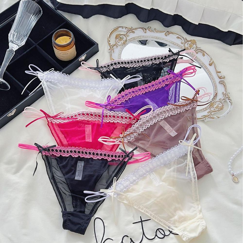 Sexy Damen-Slips Tanga mit Schleife Spitze Jacquard Netz Dünn Transparent Belüftet Niedrige Taille Unterwäsche Der Stoff Ist Bequem Und Weich