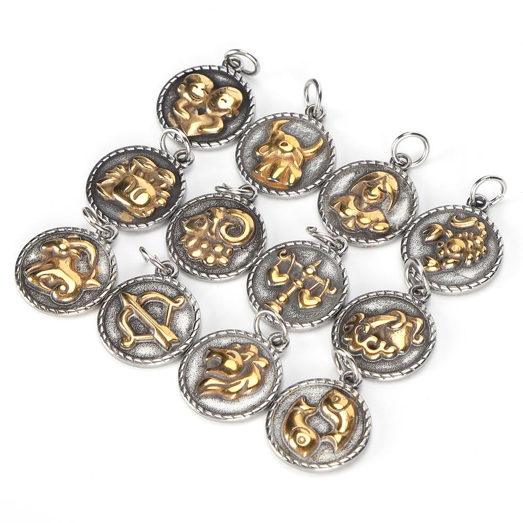 12Pcs Constellations Pendant Stainless Steel Round Shape Decoration DIY Jewelry Supplies