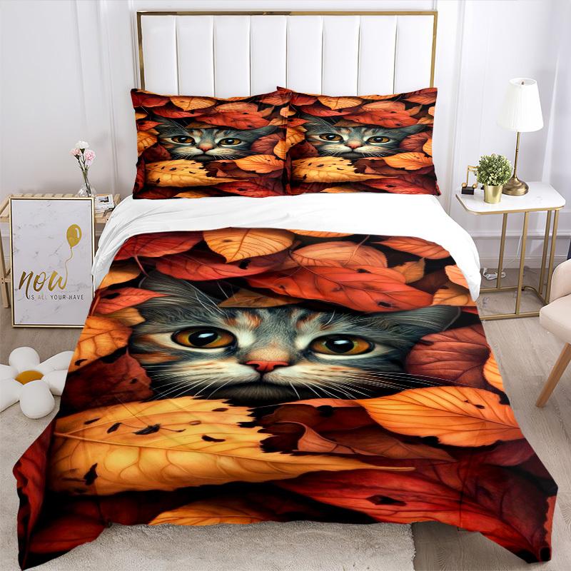3pcs Autumn Leaves Cat Duvet Cover Set - Includes 1 Duvet Cover and 2 Pillowcases, No Quilt Core, All-Season Home Decor yy251111039