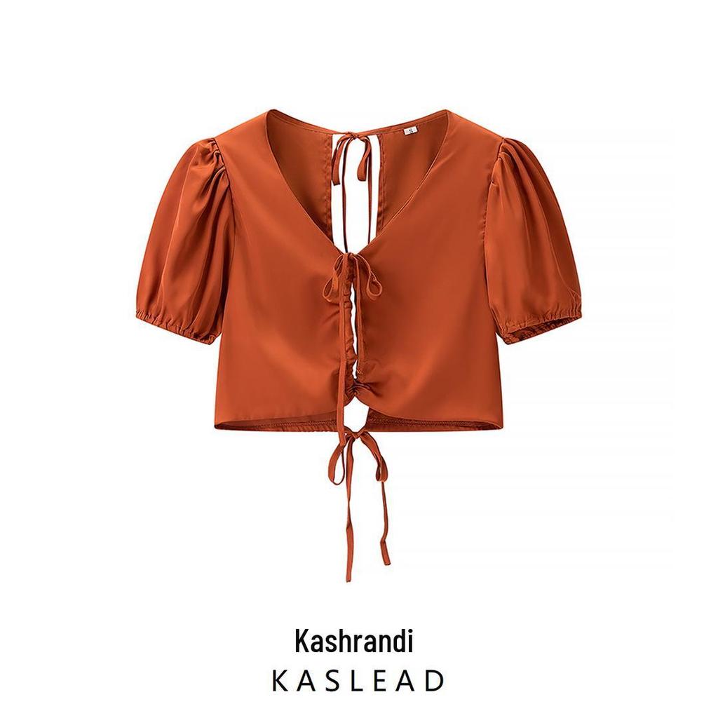 2025 Spring Women's European & American Style Tie-Front Short Sleeve Top