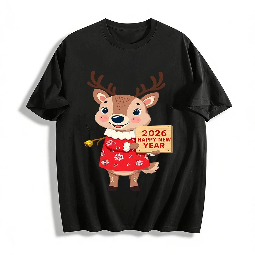 

2026 Happy New Year Reindeer Print Casual Holiday Top For Adults Kids Pure cotton T-shirt XXS