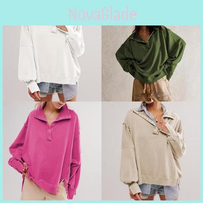 Streetwear Women Loose Fit Lantern Sleeve Hoodie With Button Details For Fall 2024