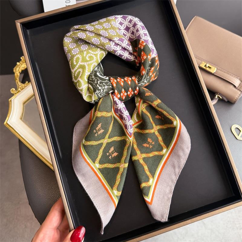 Art Puzzle Herringbone Pattern Cotton and Linen Feeling Small Square Scarf Silk Scarf Imitation Velvet Headscarf Shawl Sun Protection Scarf Women's Sc