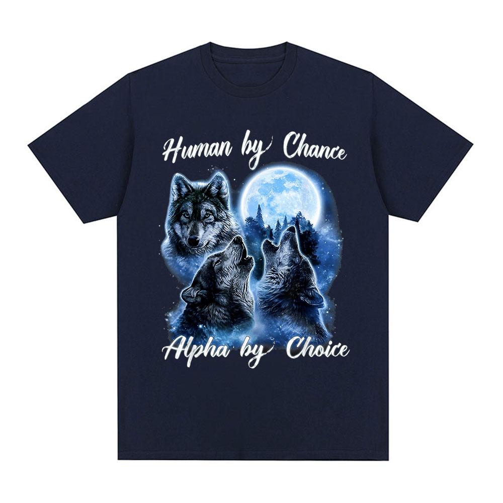 Human By Chance Alpha By Choice Wolf Graphic T-shirt Men Fashion Hip Hop Vintage Short Sleeve T-shirts Cotton Oversized T Shirts