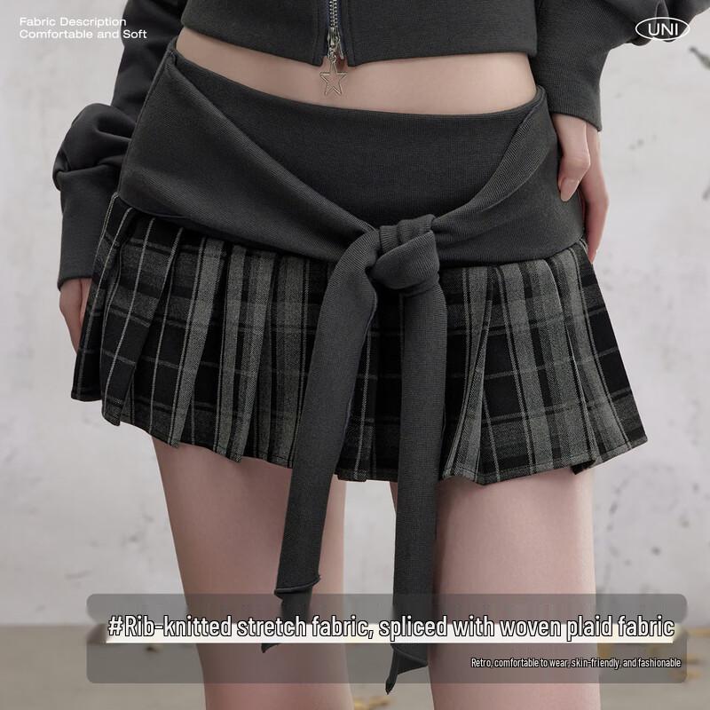 UNIFREE Women's Plaid Patchwork Pleated Mini Skirt