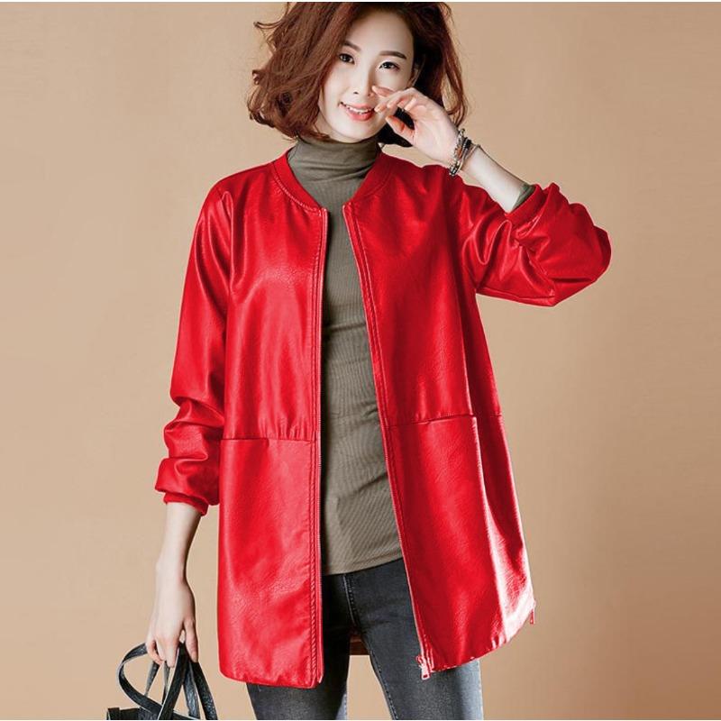 Damen S Mittellange Lockere Baseball-Stil PU-Leder Jacke Mantel