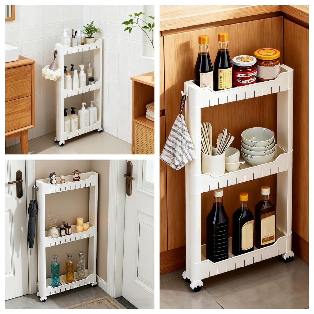 Aissiora Narrow Storage Wagon, 3-Tier, 7cm Ultra-Thin Design, Slim Rack, Adjustable Shelves, Bottle Rack, 360° Silent Casters, Sturdy, Lightweight, Ea