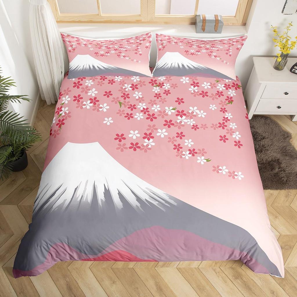 Japanese-Style Bedding Set for Kids Boys Girls Mount Fuji Comforter Cover Cherry Blossoms Duvet Cover Queen Size for Teens Adult