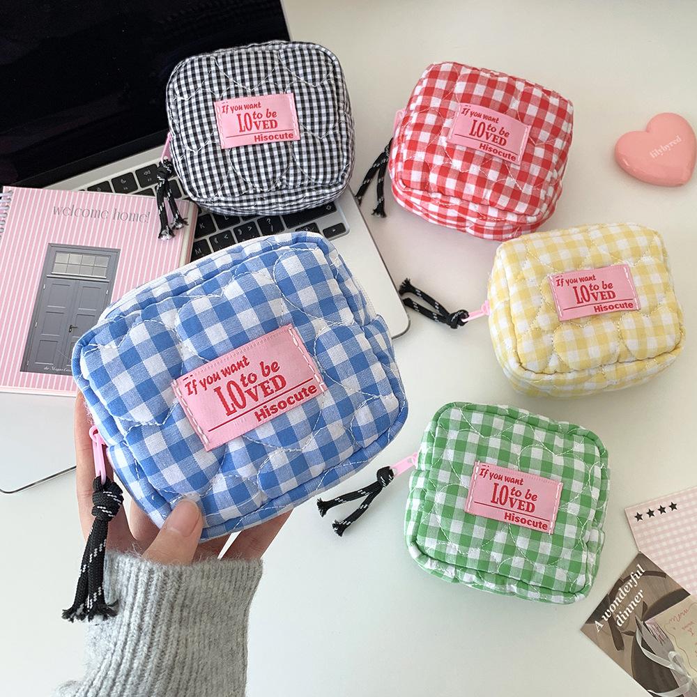 Korean Girl Plaid Makeup Bag Key Lipstick Card Bags Student Sanitary Napkin Bag Quilted Cosmetic Bag Coin Purse Travel Organizer