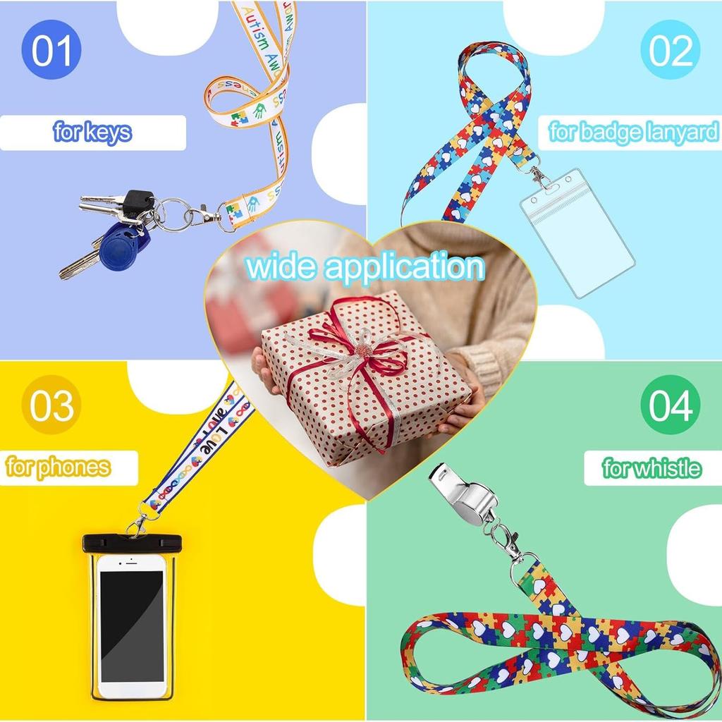 8 Pcs Autism Awareness Puzzle Printed Lanyard with Swivel Hook Autism Lanyard for ID Badges Key Chain for Asperger Awareness