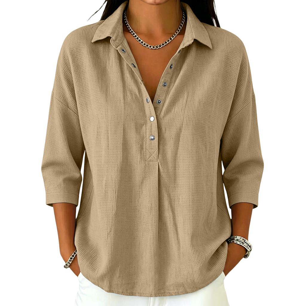 Women's Casual V Neck Button Down Waffle Knit Top Three Quarter Sleeve Relaxed Fit Lightweight Shirt for Everyday Wear
