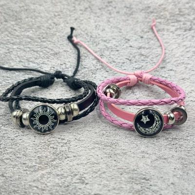 1 ADET Güneş Ay Aşıklar Zaman Mücevheri Bileklik Unisex Retro El Yapımı Çok Katmanlı Boncuklu Örgü Deri Bileklik