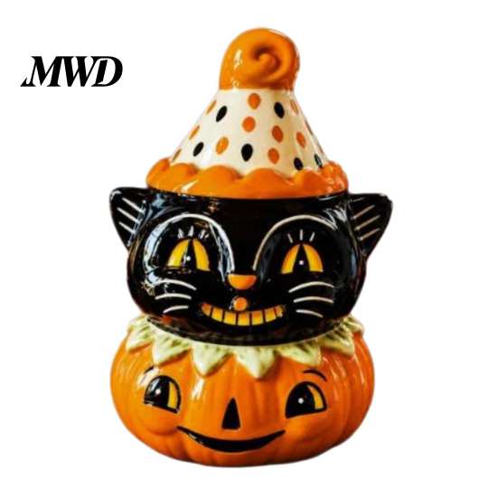 Herbst Heimdekoration Halloween Schwarze Katze Kürbis Figur, Süß Spooky auf mehrstufiger Ablage Herbst Dekoration Harz Statue für Party Regal Kamin Tischplatte