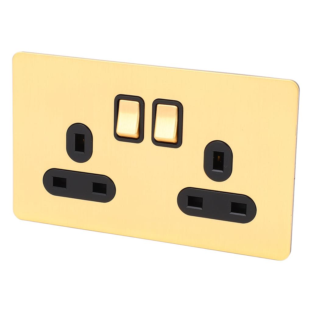 Wall Socket Panel with 2 Push Switch Dual 3 Prong Outlets Imitation Gold Color Stainless Steel Panel