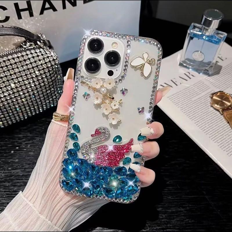 Mobile Phone Case Swan Suitable for Samsung S23 S24 Luxury Rhinestone Iphone17pro Max Transparent Silicone