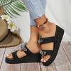 Summer New Slope Heel Sandals Women's Round Head Open Toe Sequin Butterfly Knot Thick Soled Non-slip Slippers