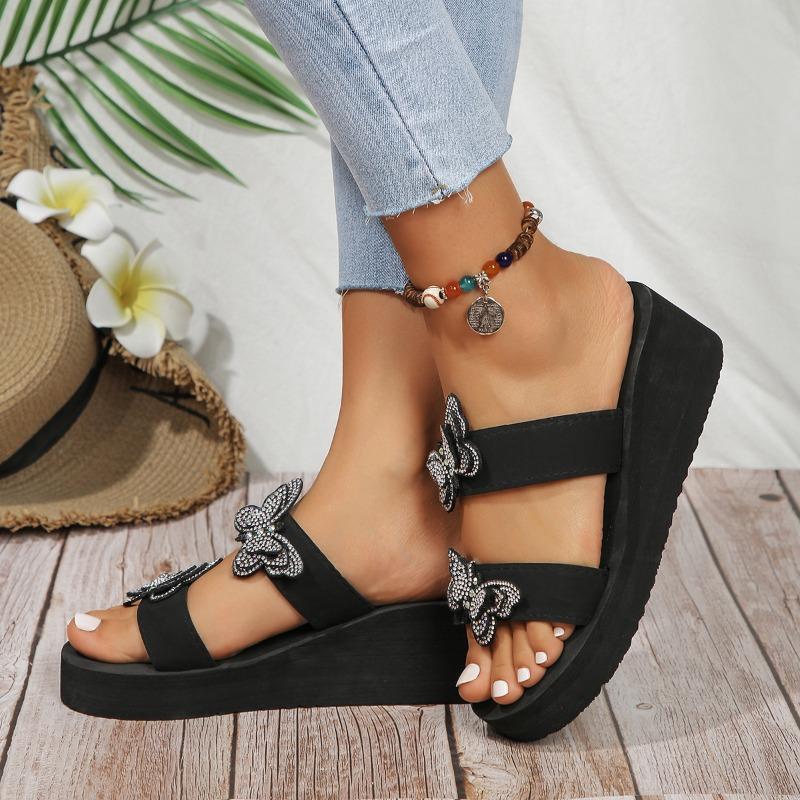 Summer New Slope Heel Sandals Women's Round Head Open Toe Sequin Butterfly Knot Thick Soled Non-slip Slippers