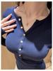 Slightly Mature Henley Collar Buttoned Shoulder Long Sleeve Women's Slim Fit Faux Cashmere Top for Autumn/Winter