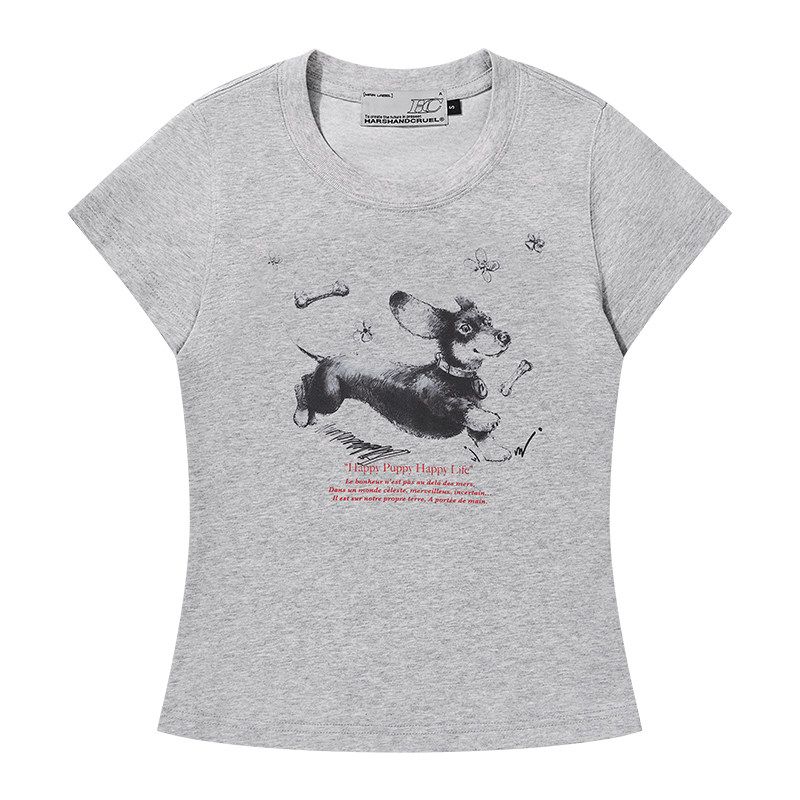 HACR | Harshandcruel Sketch Hand-Painted Puppy Stretch Silm round Neck Shoulder Short Sleeve T-shirt for Women