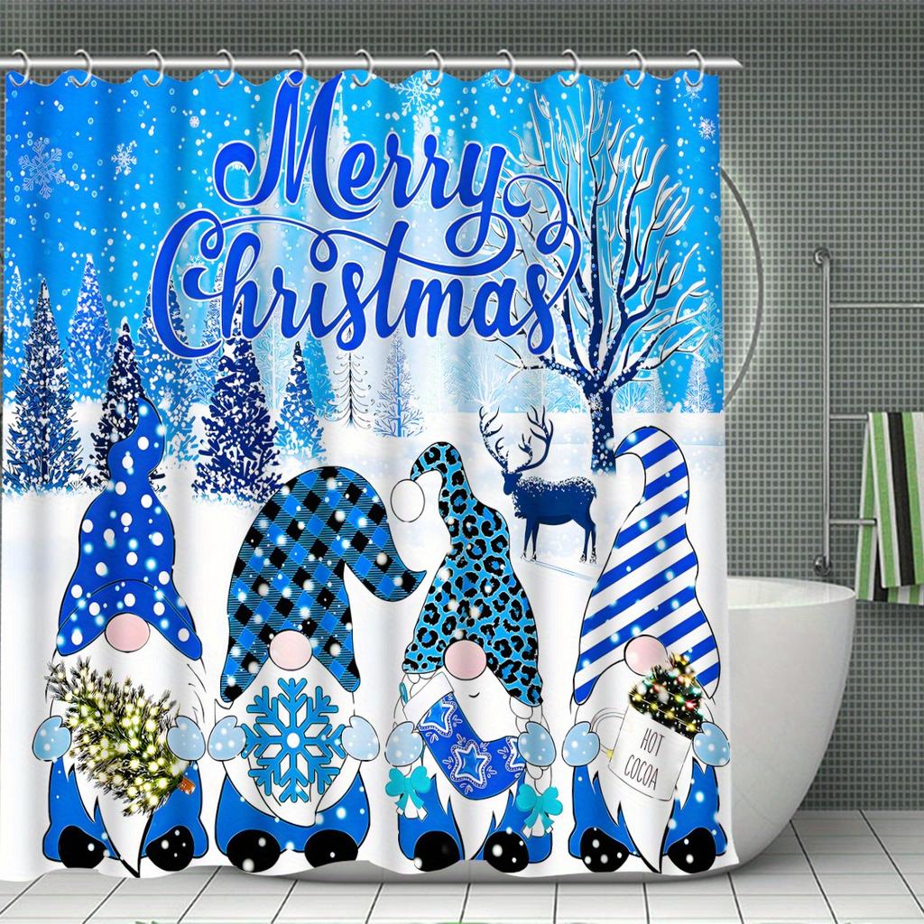 4Pcs Christmas Dwarf of The Ice World Shower Curtain Set with Non-Slip Bath Mat, Toilet Lid Cover, Contour Rug & 12 Hooks, Bathroom Decor